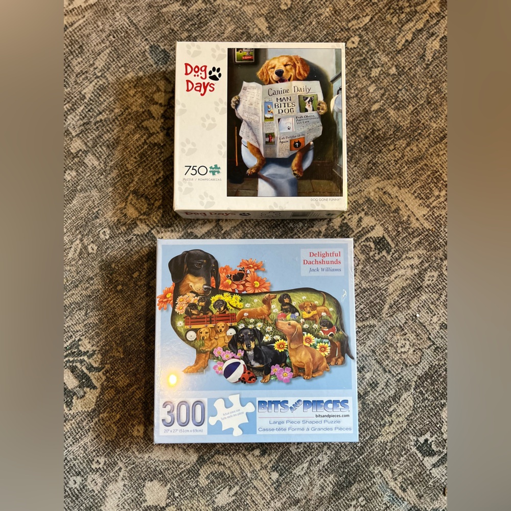 Unopened Bits & Pieces Delightful Dachshunds +
Dog Daze 300/750 piece puzzles